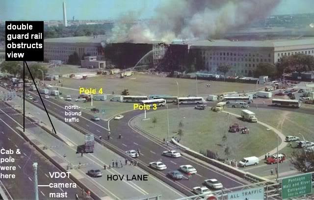 Double guardrail obstrucs view of cab and light pole